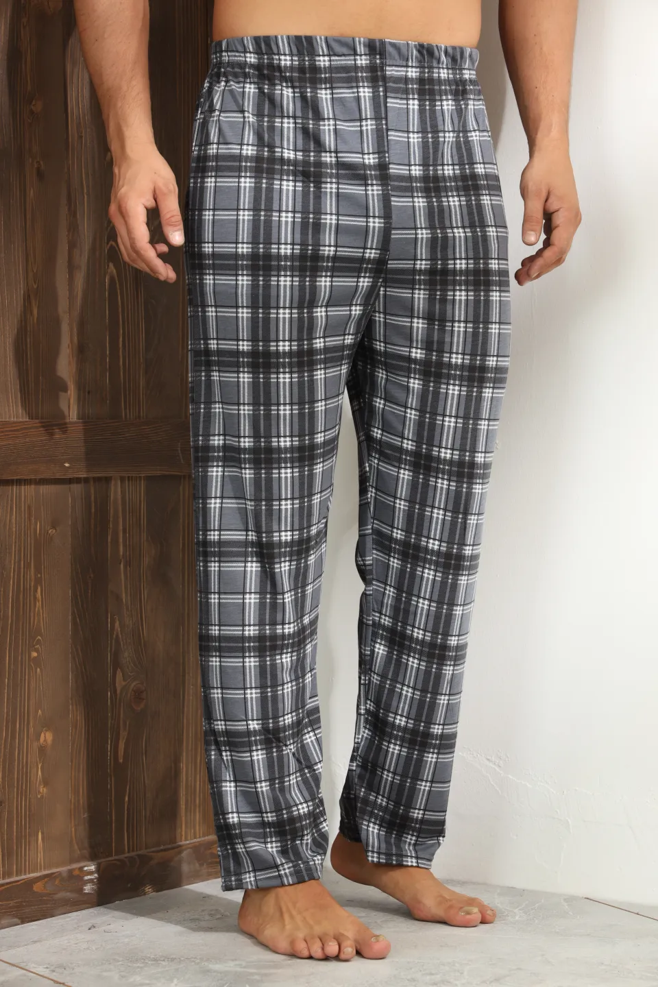 Pantaloni pijama bărbați gri cu linii albe în carouri, croială lejeră-big size - 3