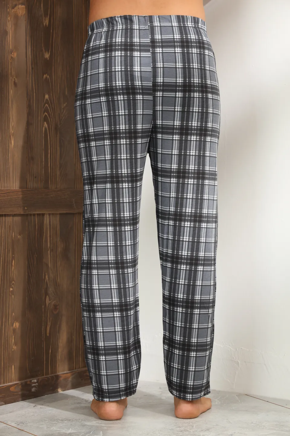 Pantaloni pijama bărbați gri cu linii albe în carouri, croială lejeră-big size - 4