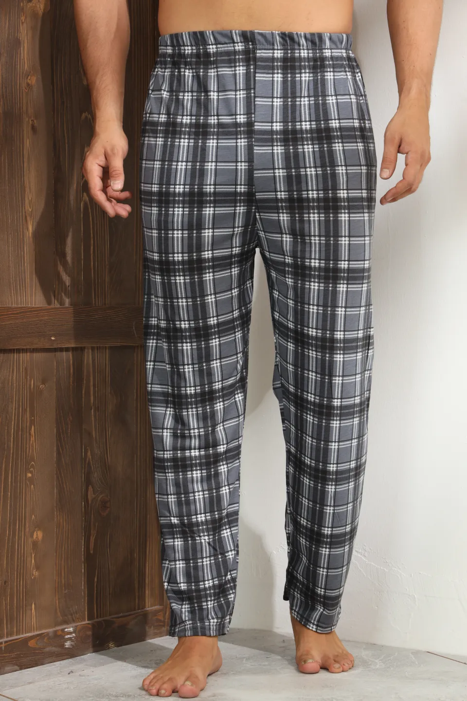 Pantaloni pijama bărbați gri cu linii albe în carouri, croială lejeră-big size - 1