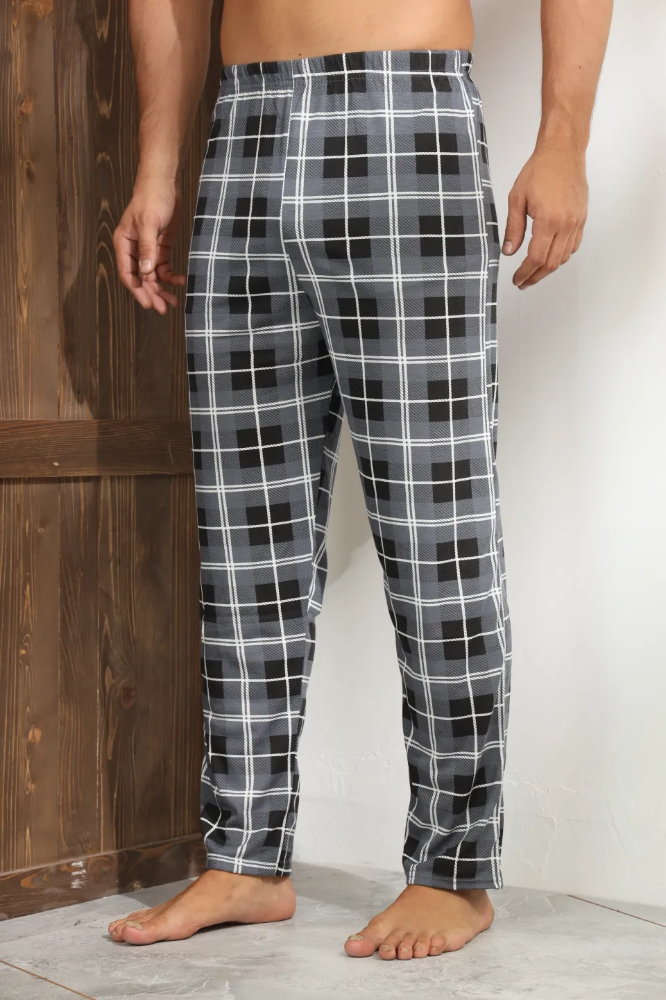 Pantaloni pijama bărbați gri în carouri, croială lejeră-big size - 2