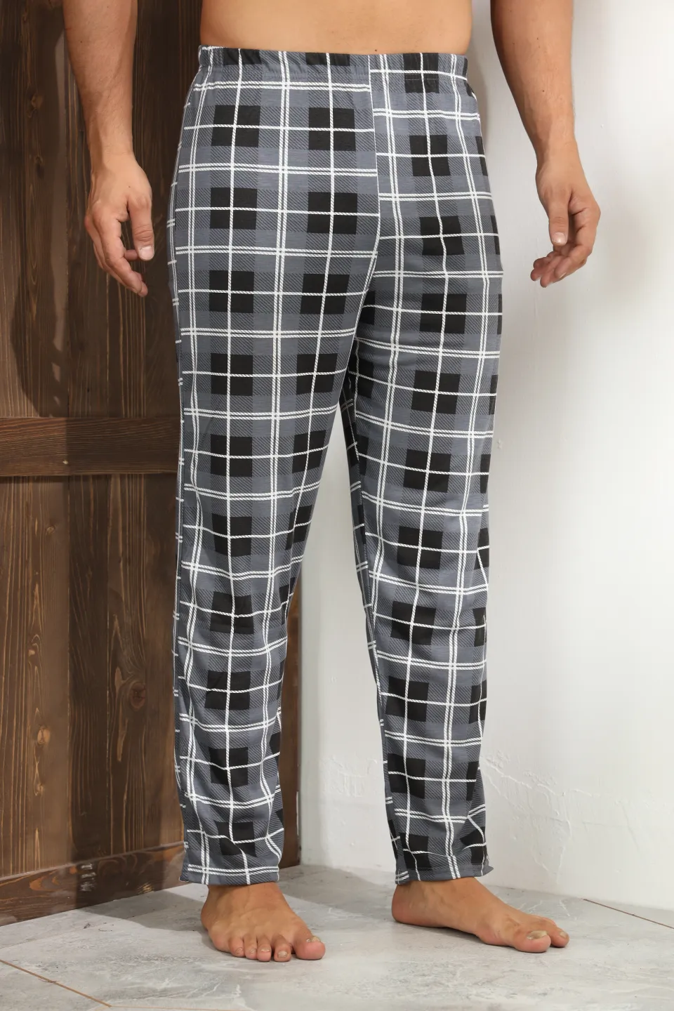 Pantaloni pijama bărbați gri în carouri, croială lejeră-big size - 3