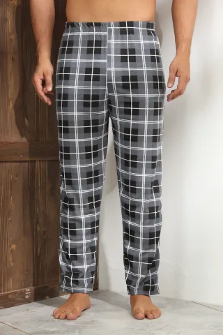 Pantaloni pijama bărbați gri în carouri, croială lejeră-big size