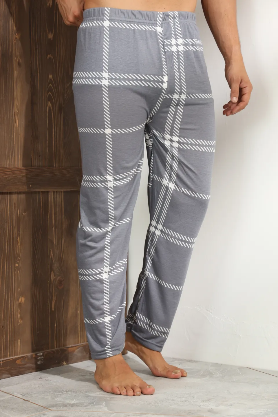 Pantaloni pijama bărbați gri închis cu carouri albe – croială lejeră-big size - 1