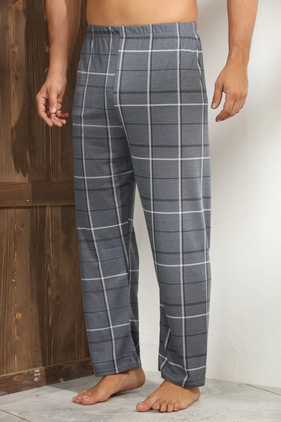 Pantaloni pijama bărbați gri închis cu model în carouri – croială lejeră-big size - 2