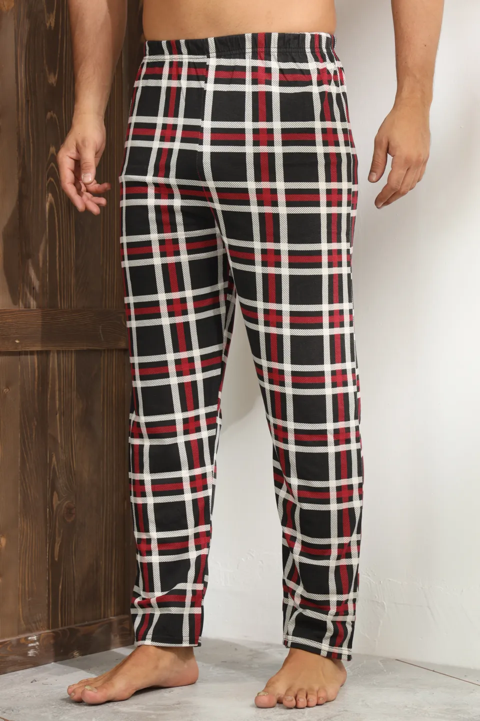 Pantaloni pijama bărbați negri cu carouri roșii și albe – croială lejeră - 2