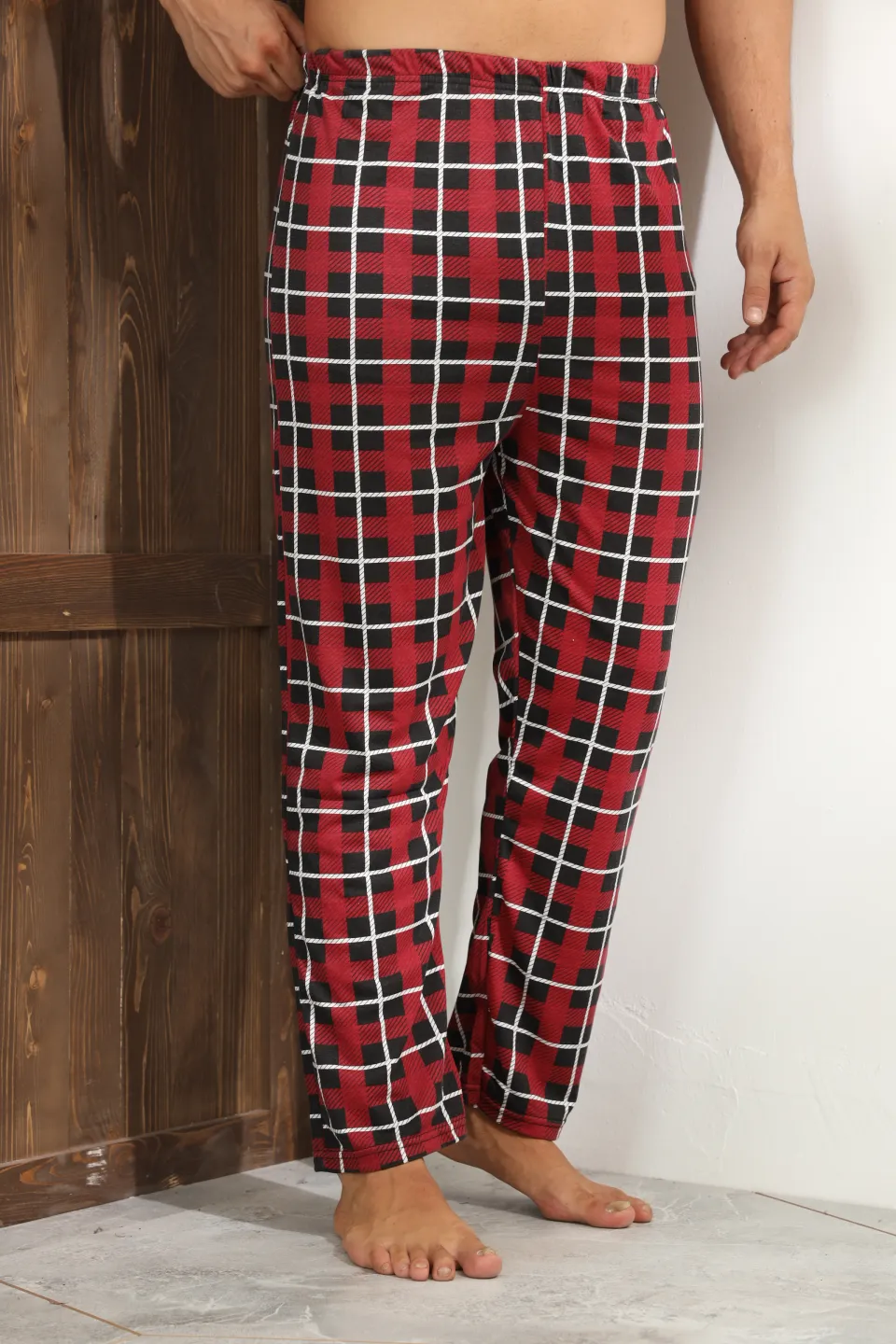 Pantaloni pijama bărbați roșii cu carouri alb-negru, croială lejeră-big size - 3