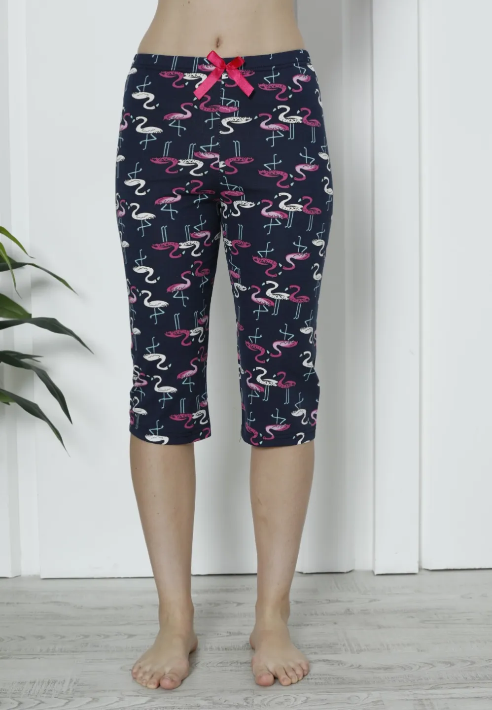 Pantaloni pijama damă 3/4, bleumarin, imprimeu flamingo - 1
