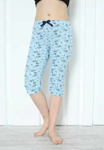 Pantaloni pijama damă 3/4, blue, imprimeu flori
