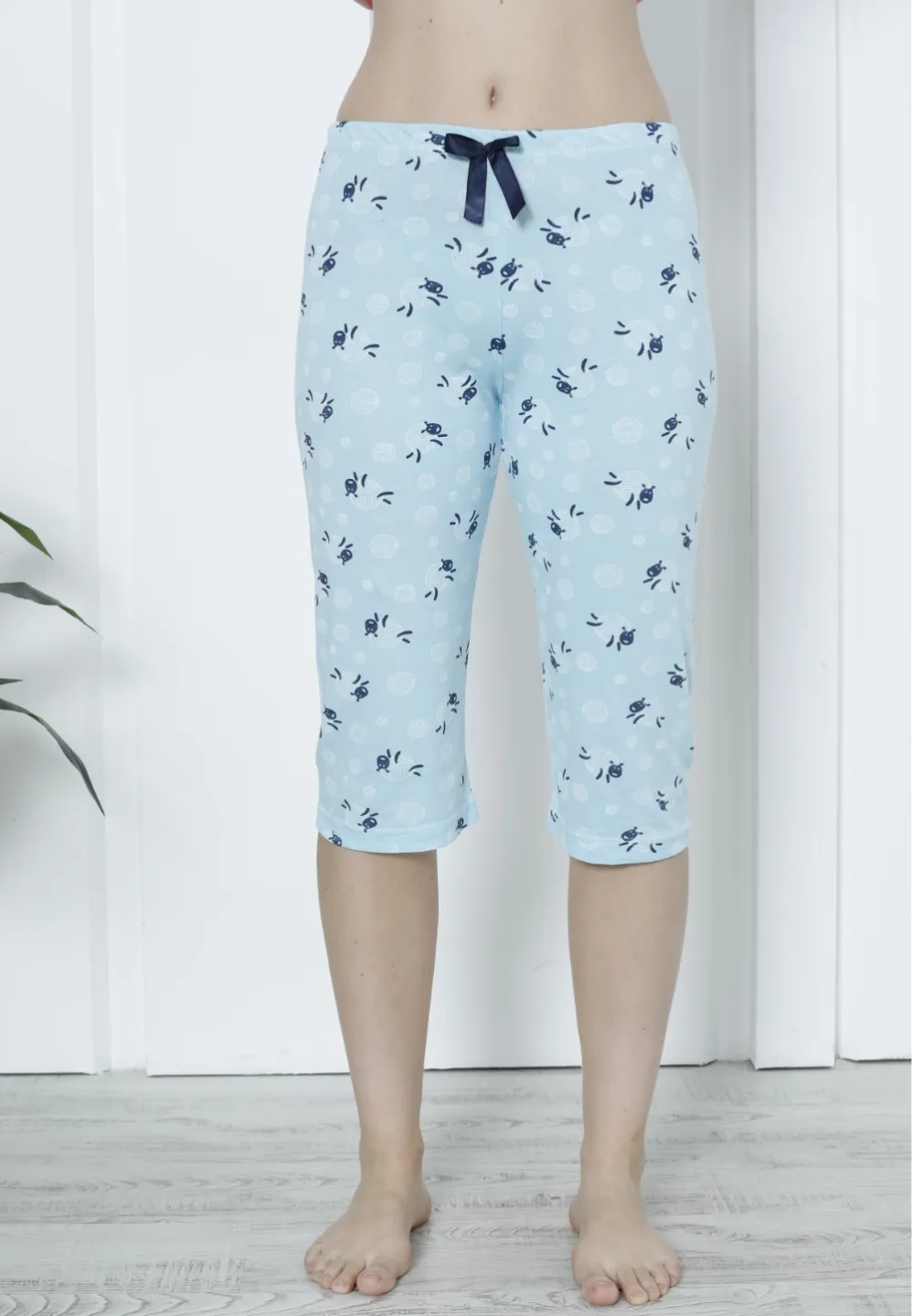 Pantaloni pijama damă 3/4, blue, imprimeu oițe - 1