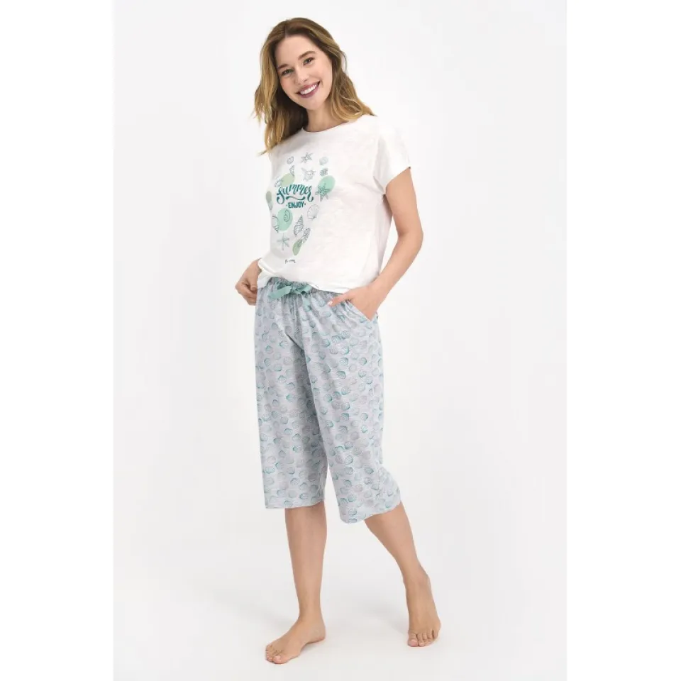 Pijama dama, bluza cu maneca scurta, imprimeu Summer Enjoy si pantaloni 3/4 cu elastic in talie