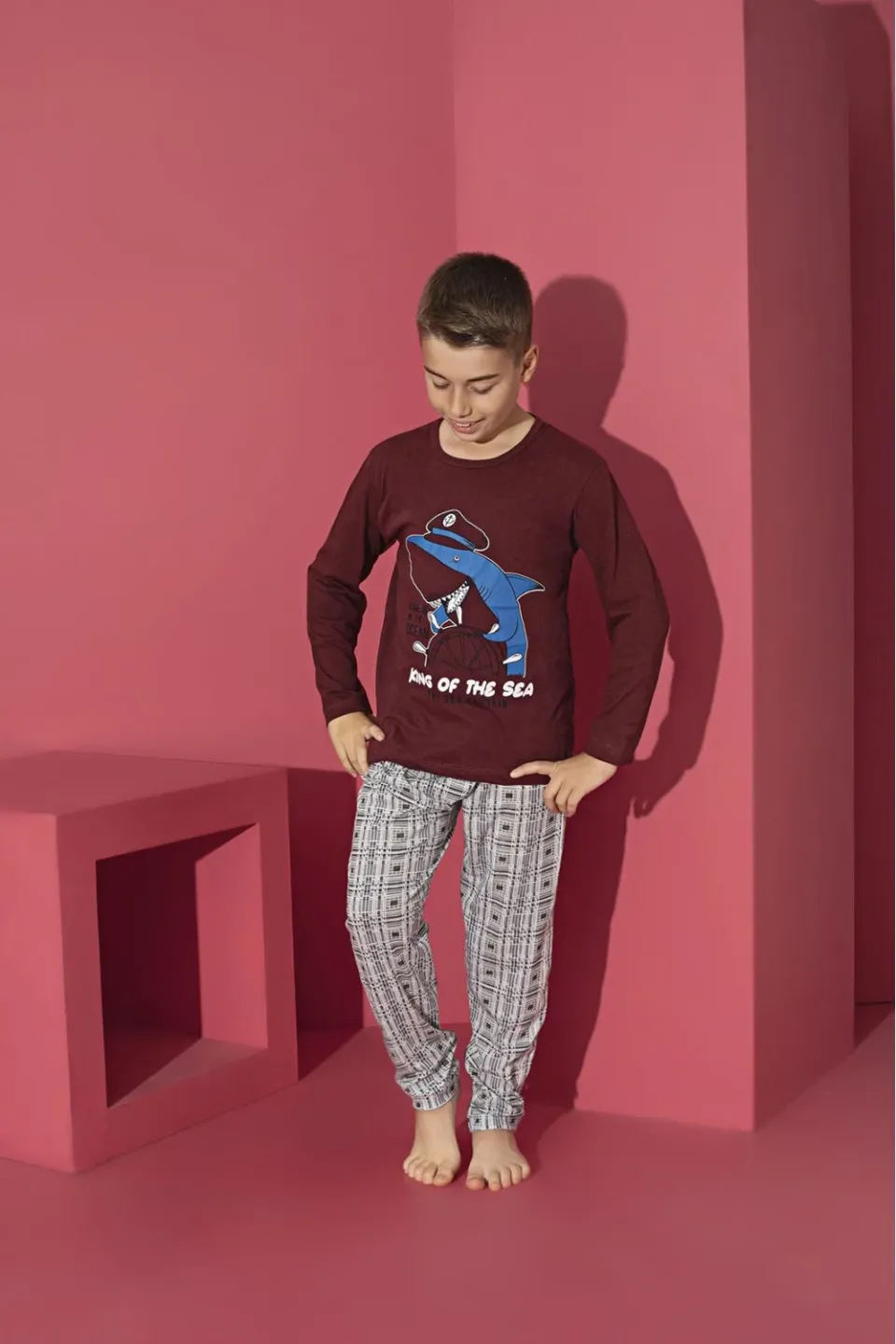 Pijama băieți cu mânecă lungă și pantaloni lungi, imprimeu King Of The Sea, rosu - 1