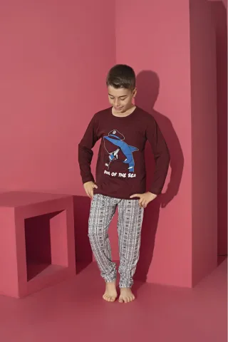 Pijama băieți cu mânecă lungă și pantaloni lungi, imprimeu King Of The Sea, rosu