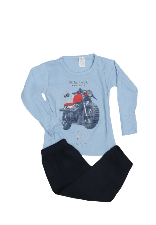 Pijama băieți cu mânecă lungă și pantaloni lungi, imprimeu motoretă, blue