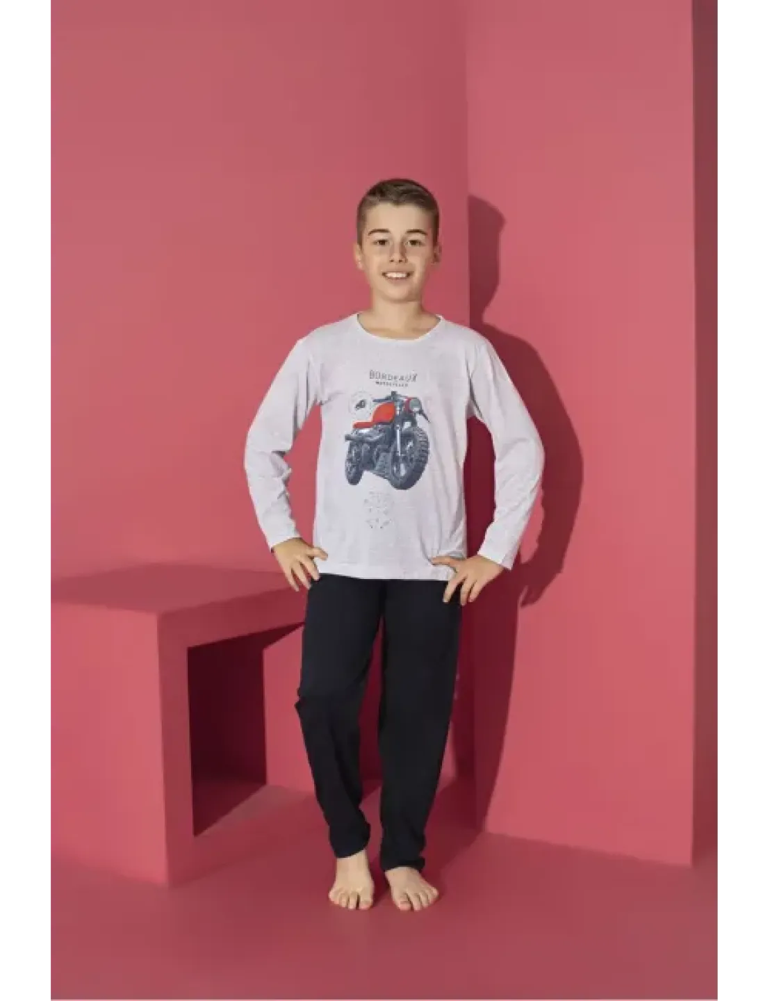 Pijama băieți cu mânecă lungă și pantaloni lungi, imprimeu motoretă, gri - 1