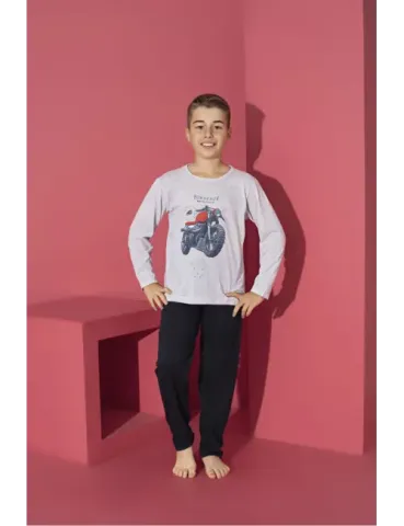 Pijama băieți cu mânecă lungă și pantaloni lungi, imprimeu motoretă, gri