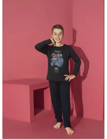 Pijama băieți cu mânecă lungă și pantaloni lungi, imprimeu motoretă, negru