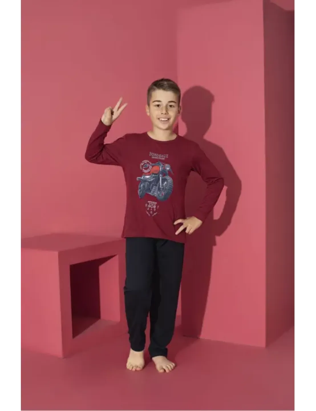 Pijama băieți cu mânecă lungă și pantaloni lungi, imprimeu motoretă, bordo - 1