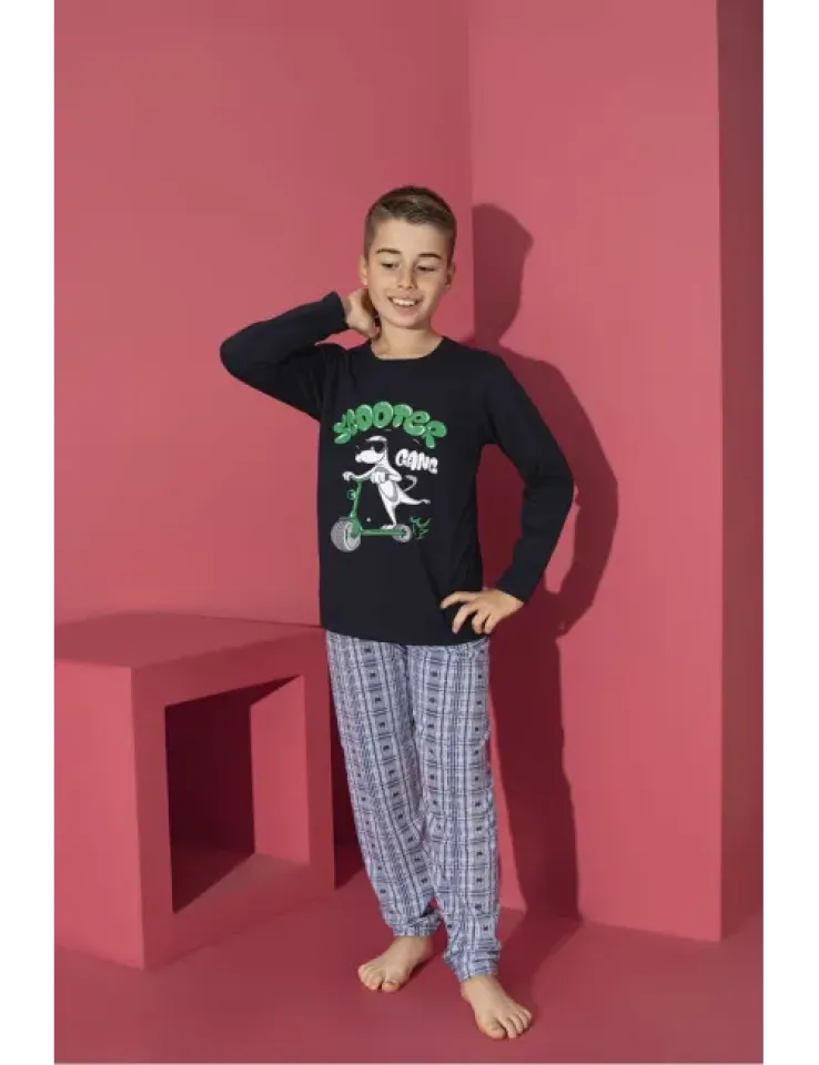 Pijama băieți cu mânecă lungă și pantaloni lungi, imprimeu Scooter, bleumarin