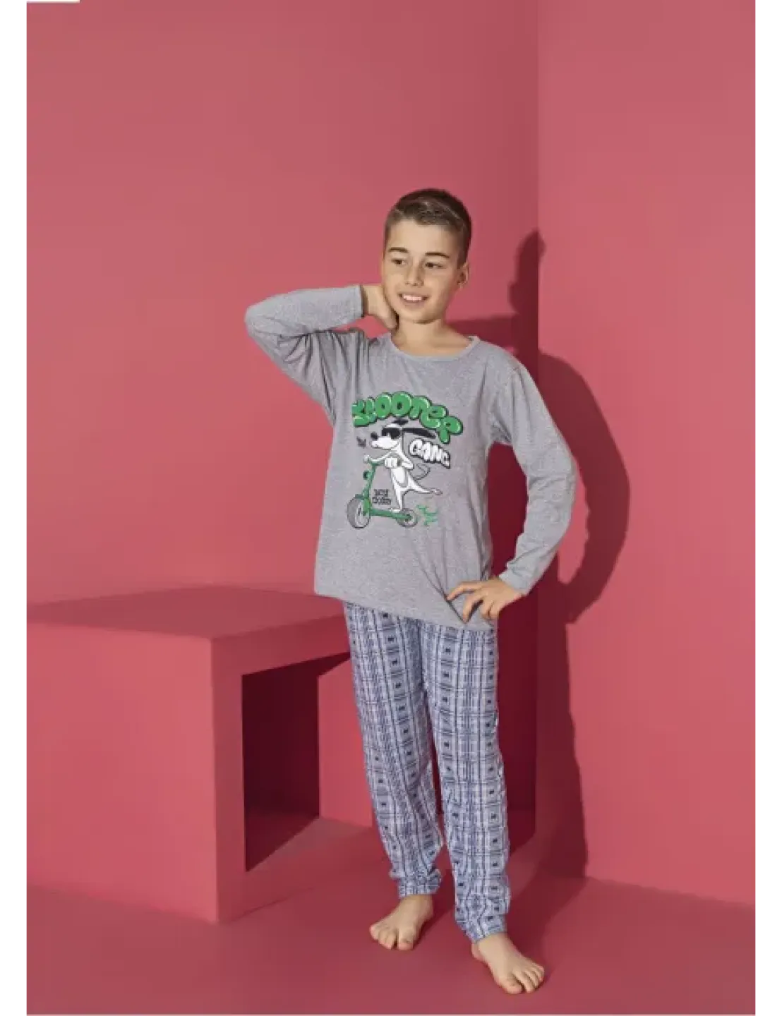 Pijama băieți cu mânecă lungă și pantaloni lungi, imprimeu Scooter, gri - 1