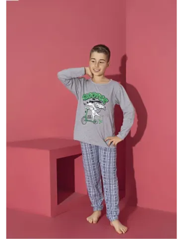 Pijama băieți cu mânecă lungă și pantaloni lungi, imprimeu Scooter, gri