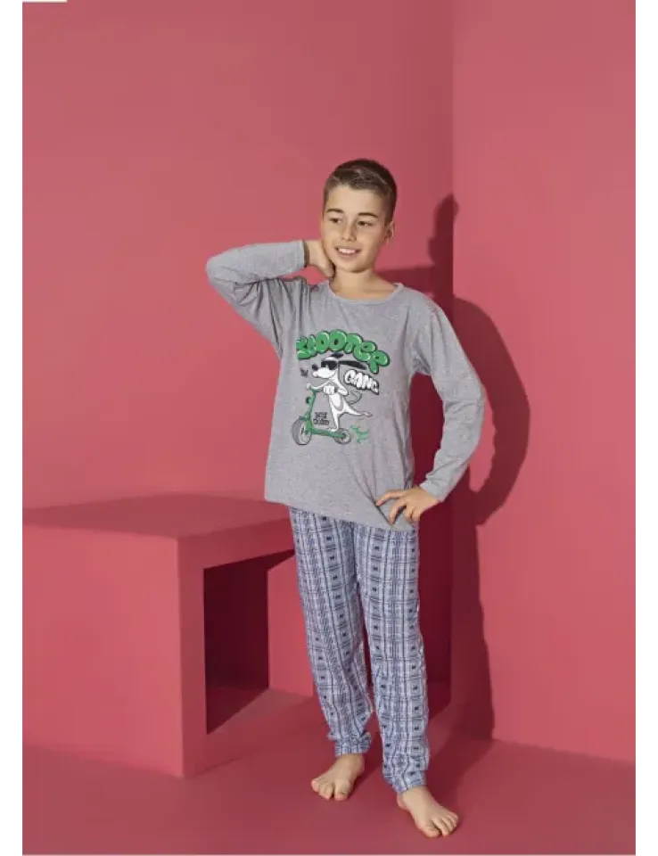 Pijama băieți cu mânecă lungă și pantaloni lungi, imprimeu Scooter, gri