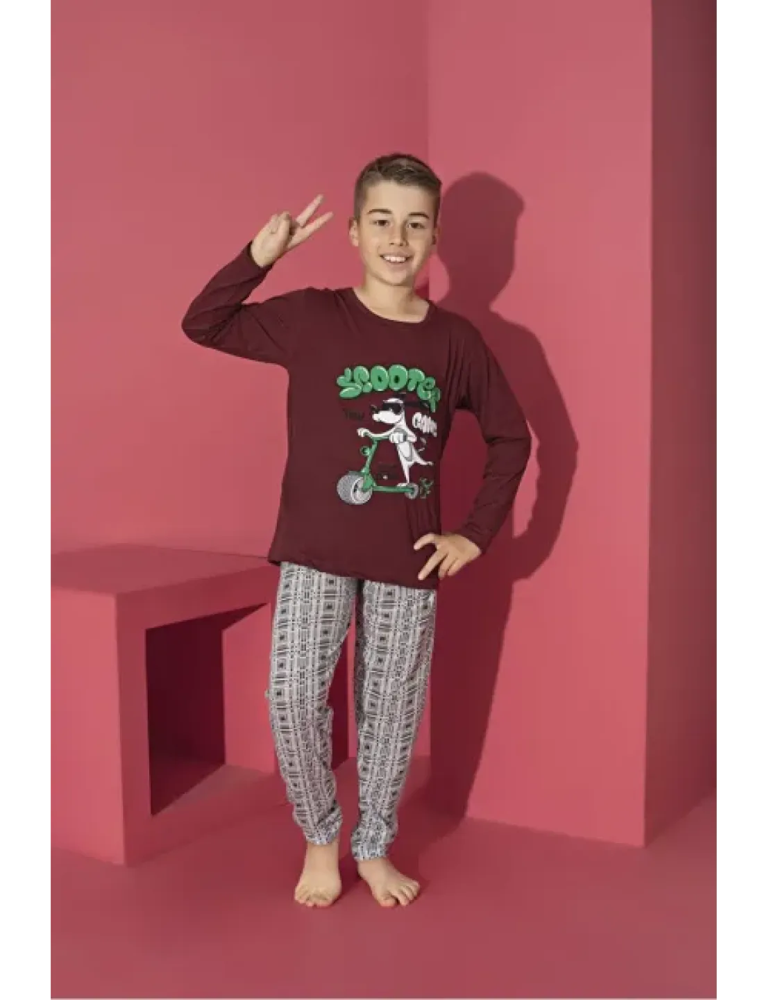 Pijama băieți cu mânecă lungă și pantaloni lungi, imprimeu Scooter, roșu - 1