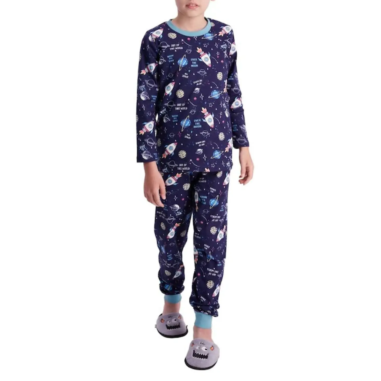 Pijama băieți  cu mânecă lungă și pantaloni lungi, model Planete, bleumarin - 1