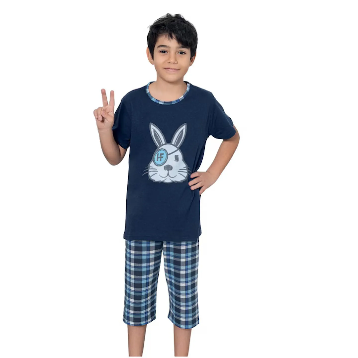 Pijama băieți, mânecă scurtă , imprimeu haios cu iepure, bleumarin - 1