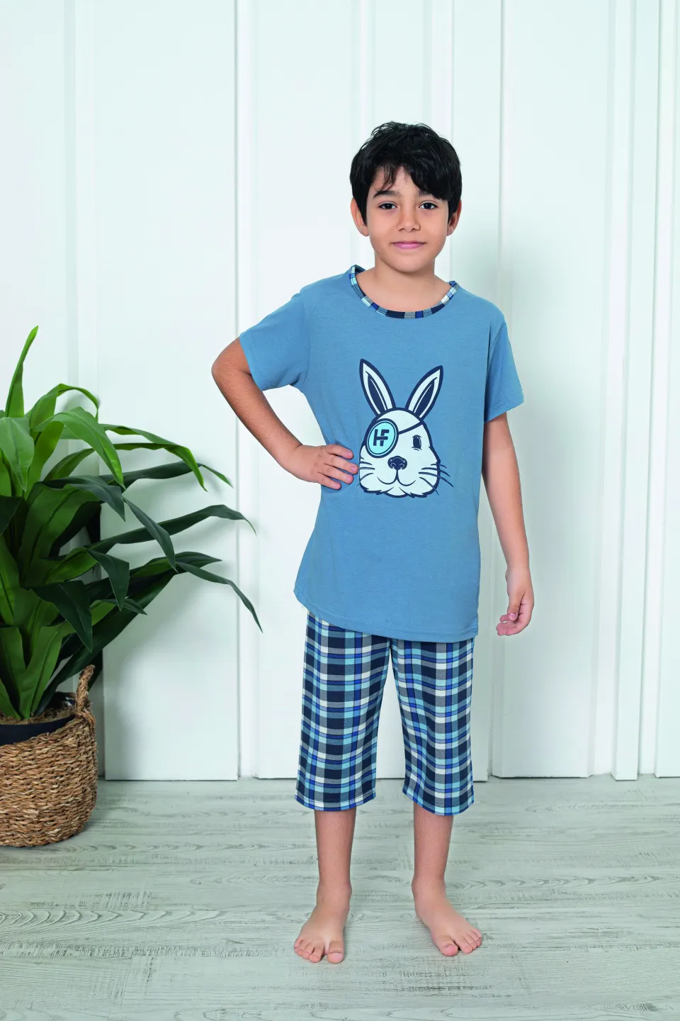 Pijama băieți, mânecă scurtă , imprimeu haios cu iepure, blue - 1