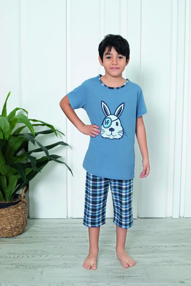 Pijama băieți, mânecă scurtă , imprimeu haios cu iepure, blue