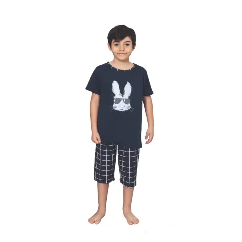 Pijama băieți, mânecă scurtă , imprimeu iepure cu ochelari, albastru închis