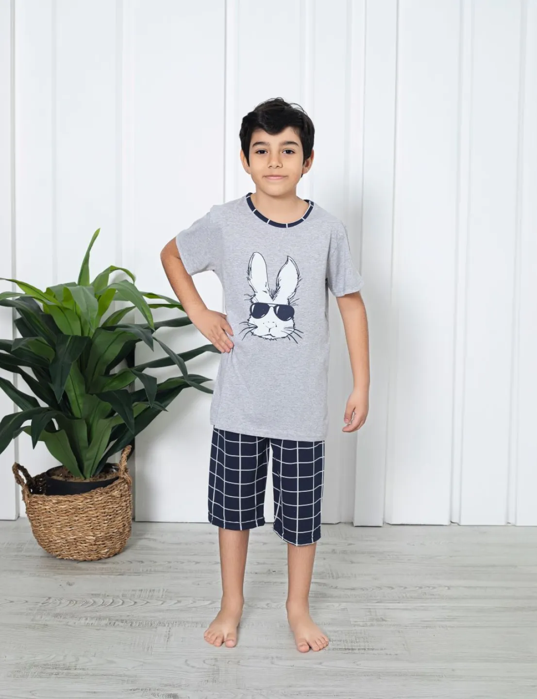 Pijama băieți, mânecă scurtă , imprimeu iepure cu ochelari, gri - 1