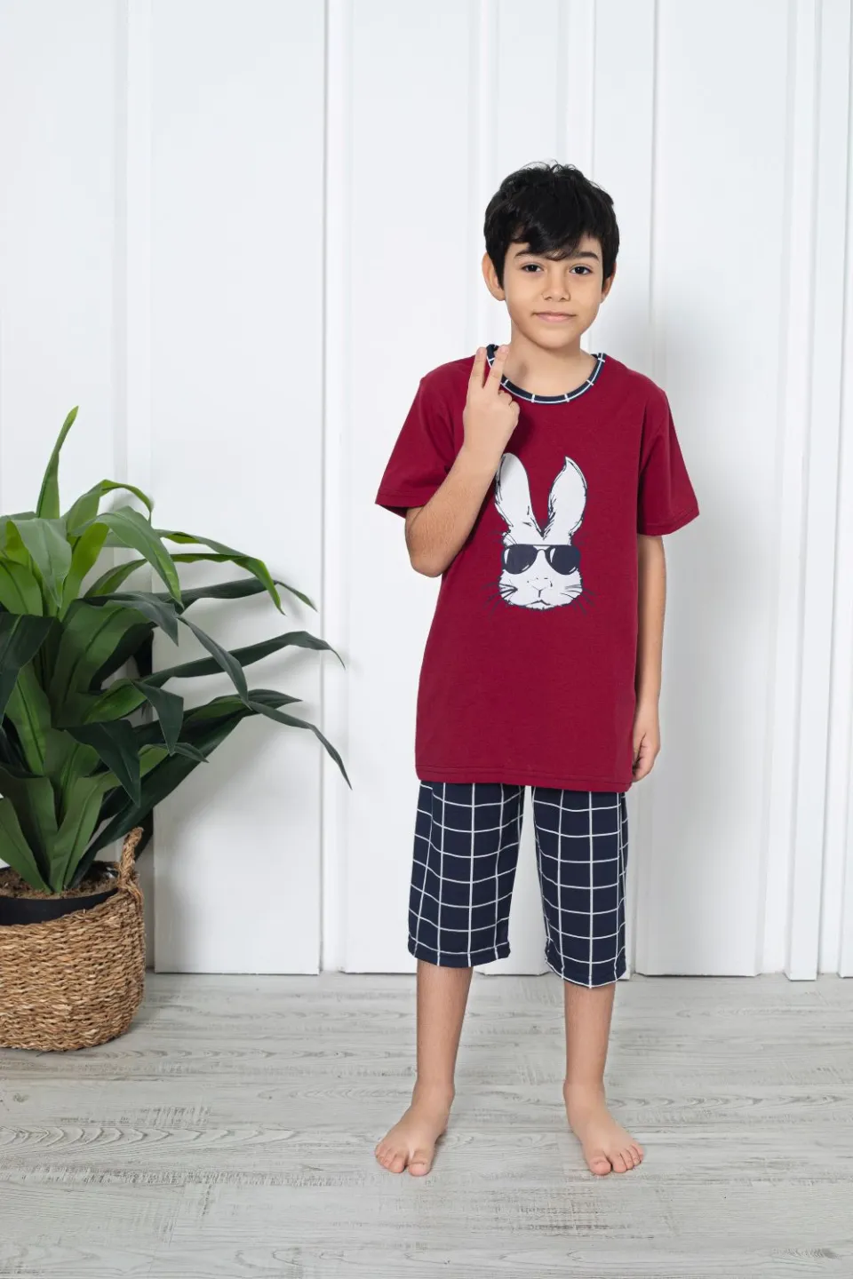 Pijama băieți, mânecă scurtă , imprimeu iepure cu ochelari, rosu - 1