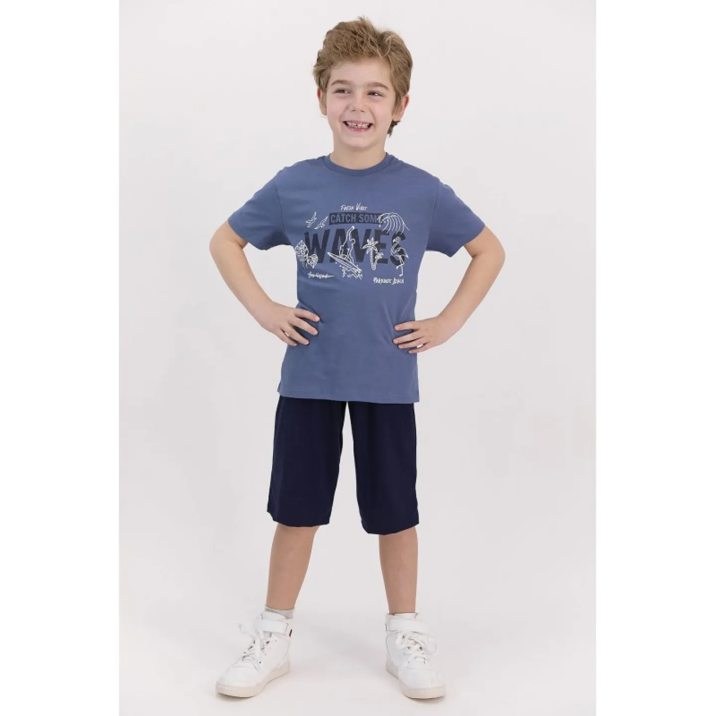 Pijama băieți, mânecă scurtă si pantalon 3/4, imprimeu Waves, bleumarin - 1