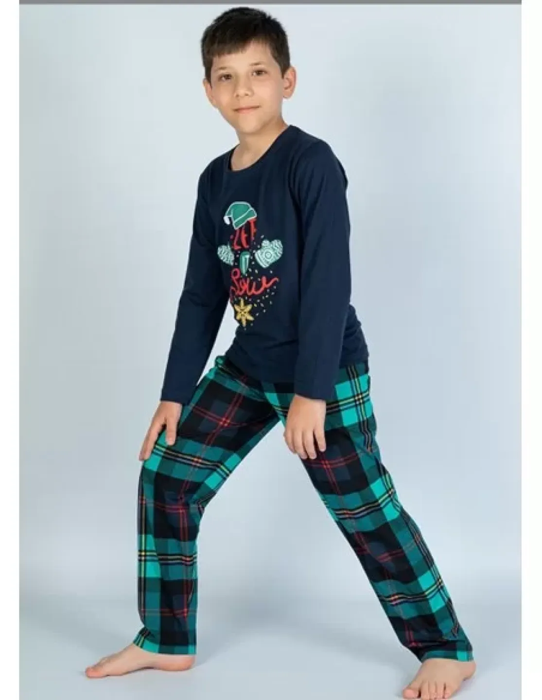 Pijama copii, mânecă lungă, pantalon lung, imprimeu Let it Snow, bleumarin - 1