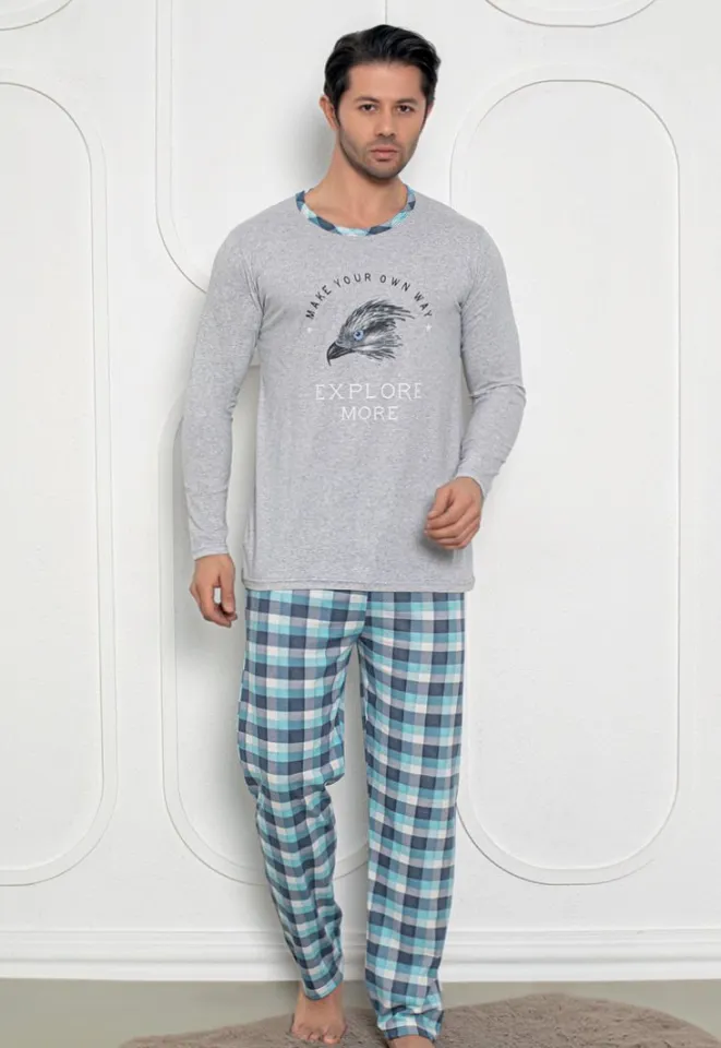 Pijama Bărbat, Mâneci Lungi și Pantaloni Lungi Asortați, Imprimeu ,,Explore More'', gri