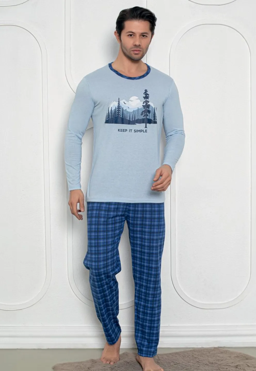 Pijama Bărbat , Mâneci Lungi și Pantaloni Lungi Asortați, Imprimeu ,,Keep It Simple'', albastru - 1