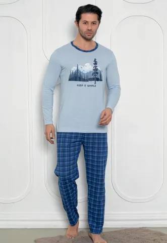 Pijama Bărbat , Mâneci Lungi și Pantaloni Lungi Asortați, Imprimeu ,,Keep It Simple'', albastru
