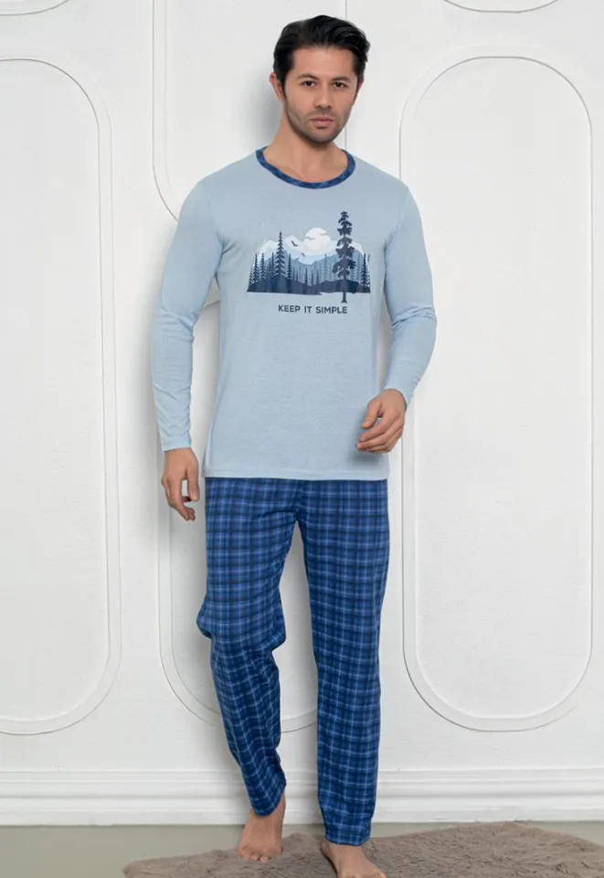 Pijama Bărbat , Mâneci Lungi și Pantaloni Lungi Asortați, Imprimeu ,,Keep It Simple'', albastru