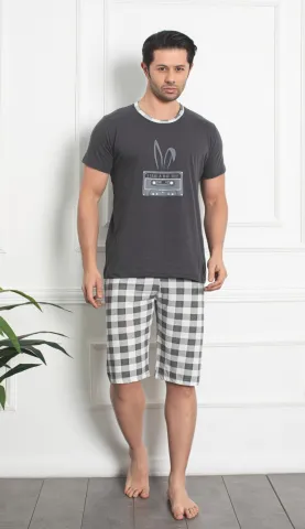 Pijama bărbat din bumbac, mânecă scurtă și pantaloni 3/4, imprimeu ,,Hip Hop'', gri închis