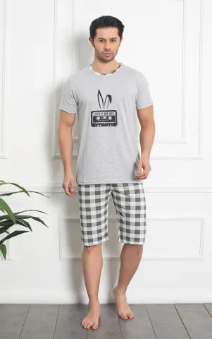 Pijama bărbat din bumbac, mânecă scurtă și pantaloni 3/4, imprimeu ,,Hip Hop'', gri