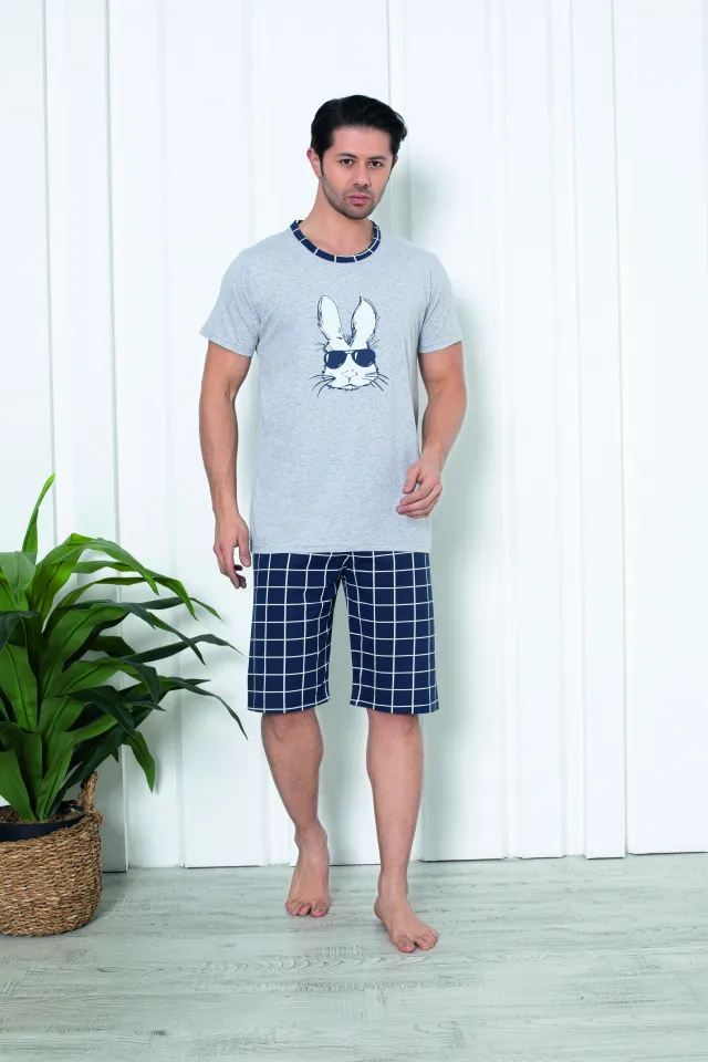 Pijama bărbat din bumbac, mânecă scurtă și pantaloni 3/4, imprimeu iepure cu ochelari, gri