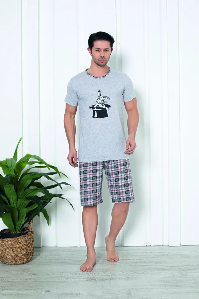 Pijama bărbat din bumbac, mânecă scurtă și pantaloni 3/4, imprimeu iepure, gri