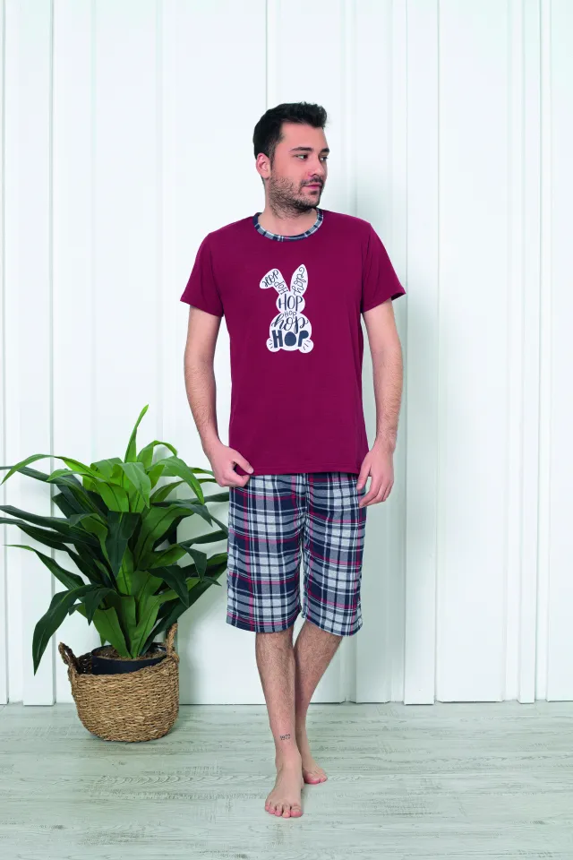 Pijama bărbat din bumbac, mânecă scurtă și pantaloni 3/4, imprimeu iepure hip-hop, rosu