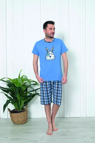 Pijama bărbat din bumbac, mânecă scurtă și pantaloni 3/4, imprimeu iepure pirat, indigo