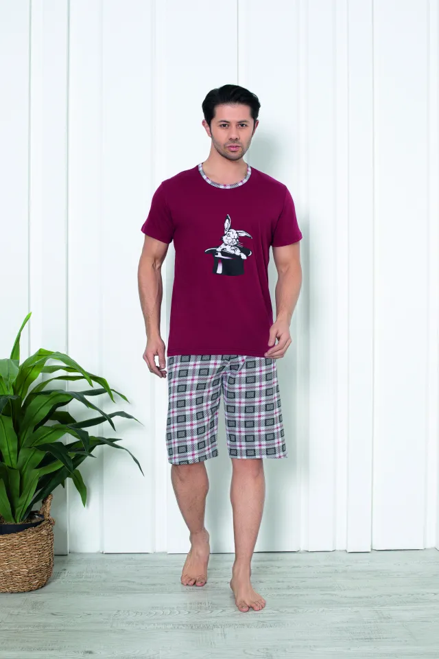 Pijama bărbat din bumbac, mânecă scurtă și pantaloni 3/4, imprimeu iepure, rosu