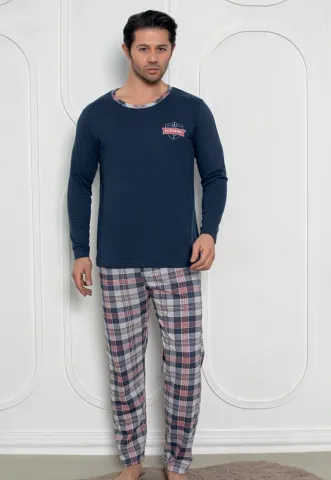 Pijama Bărbat , Mâneci Lungi și Pantaloni Lungi Asortați, Imprimeu ,,Acadamic'', Bleumarin