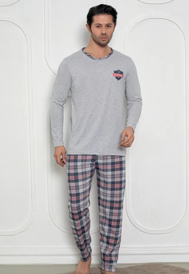 Pijama Bărbat, Mâneci Lungi și Pantaloni Lungi Asortați, Imprimeu ,,Academic'', gri