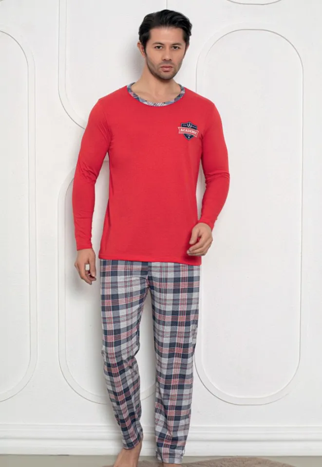Pijama Bărbat , Mâneci Lungi și Pantaloni Lungi Asortați, Imprimeu ,,Academic'', roșu