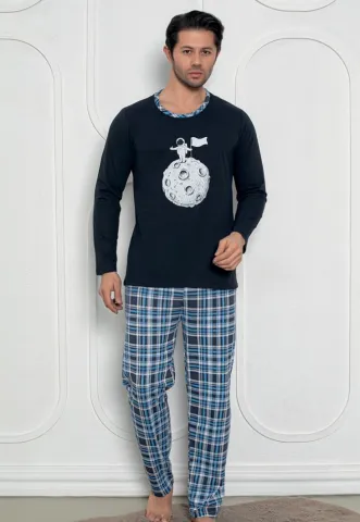 Pijama Bărbat , Mâneci Lungi și Pantaloni Lungi Asortați, Imprimeu Astronaut, Bleumarin